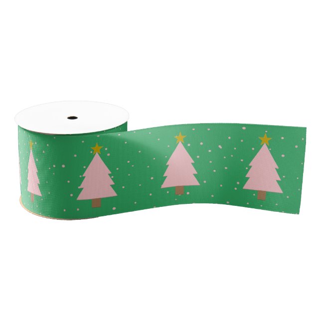 Cute Pink Christmas Trees, Golden Stars Sea Green Grosgrain Ribbon (Spool)