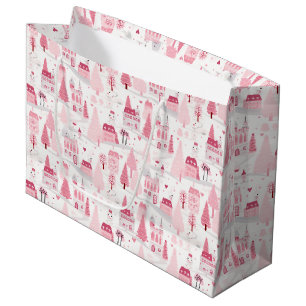 Cute Pink Christmas Village Snowy Day Large Gift Bag