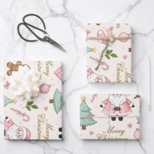 Cute Pink Christmas Watercolor Santa Claus Bows Wrapping Paper Sheet