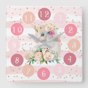 Cute Pink Clock with Watercolor Baby Unicorn