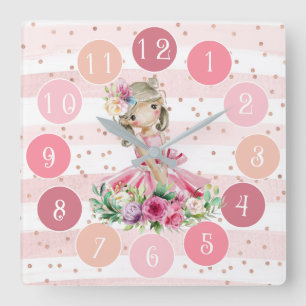 Cute Pink Clock with Watercolor Little Ballerina