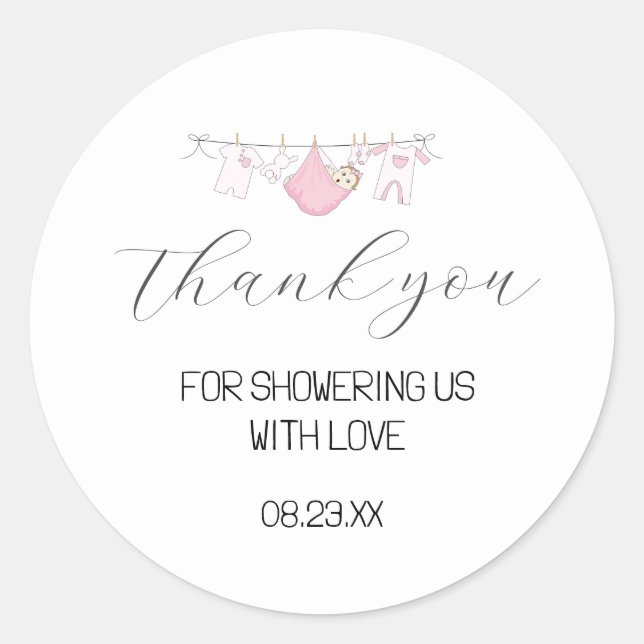 Cute Pink Clothesline Baby Shower Thank You Favour Classic Round Sticker (Front)