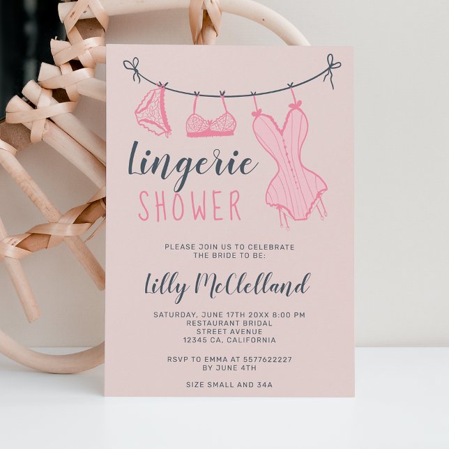 Cute pink clothesline chic lingerie bridal shower invitation (Creator Uploaded)