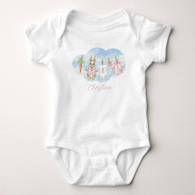 Cute Pink Clothesline Peter the Rabbit  Baby Bodysuit (Front)