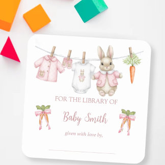 Cute Pink Clothesline Peter the Rabbit Book Plate Square Sticker