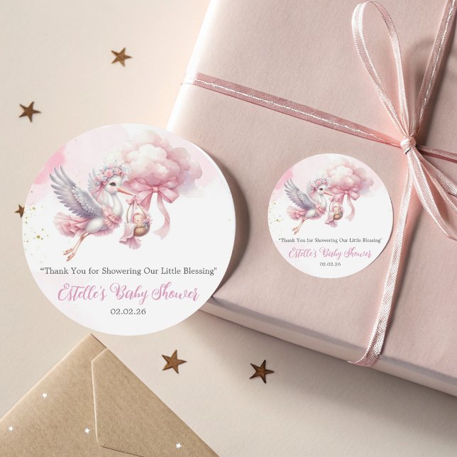 Cute Pink Cloud Stork Baby Girl Shower Sticker (Creator Uploaded)