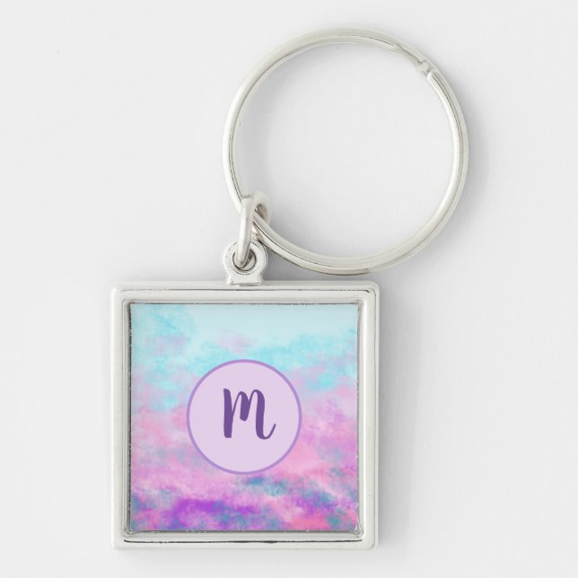 Cute Pink Clouds Monogram Key Ring (Front)