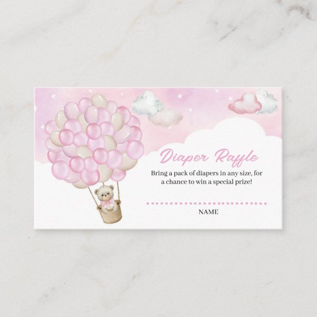 Cute Pink Clouds Teddy Bear Balloons Diaper Raffle Enclosure Card (Front)