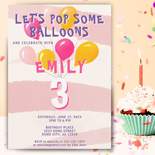 Cute Pink Colourful Balloons Girl`s Birthday Party Invitation
