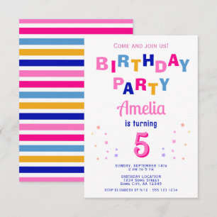 Cute Pink Colourful Star Typography Girl Birthday  Invitation