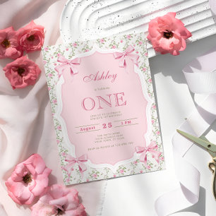 Cute Pink Coquette Bow 1st Birthday Invitation
