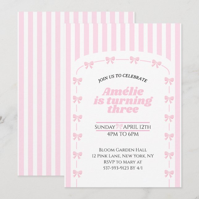 Cute Pink Coquette Bow 3rd Birthday Girl  Invitation (Front/Back)