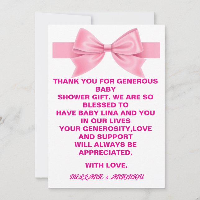 Cute Pink Coquette Bow Baby Girl Shower Thank You  Invitation (Back)