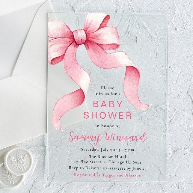 Cute Pink Coquette Bow Baby Shower Acrylic Invitations (Creator Uploaded)