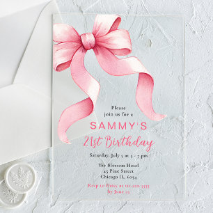 Cute Pink Coquette Bow Birthday Party Acrylic Invitations