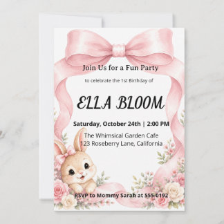 Cute Pink Coquette Bow Bunny 1st Birthday Invitation