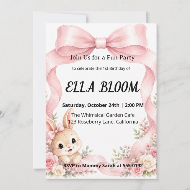 Cute Pink Coquette Bow Bunny 1st Birthday Invitation (Front)