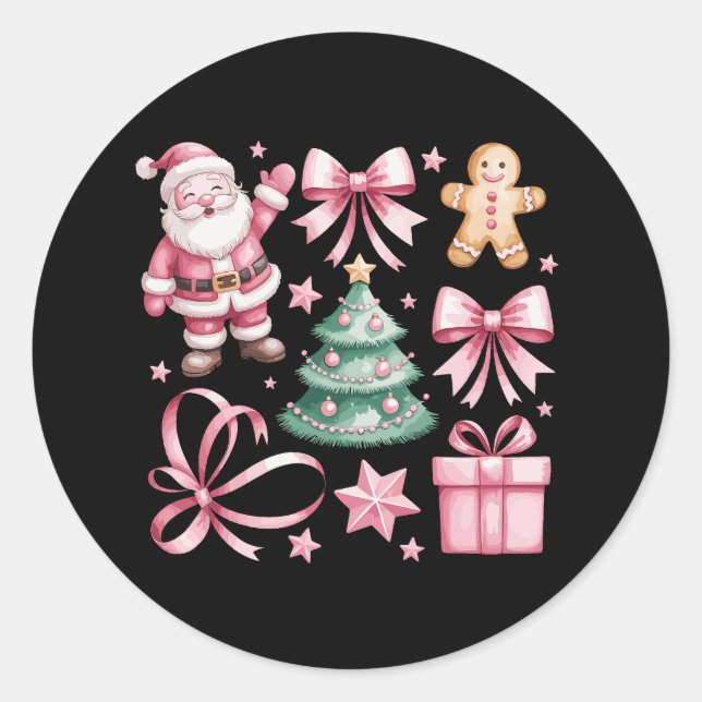 Cute Pink Coquette Bow Santa Christmas Tree Xmas Classic Round Sticker (Front)