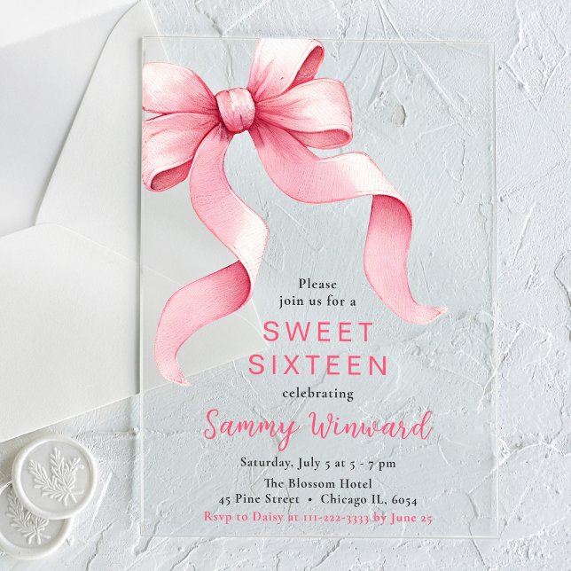 Cute Pink Coquette Bow Sweet Sixteen Acrylic Invitations (Creator Uploaded)