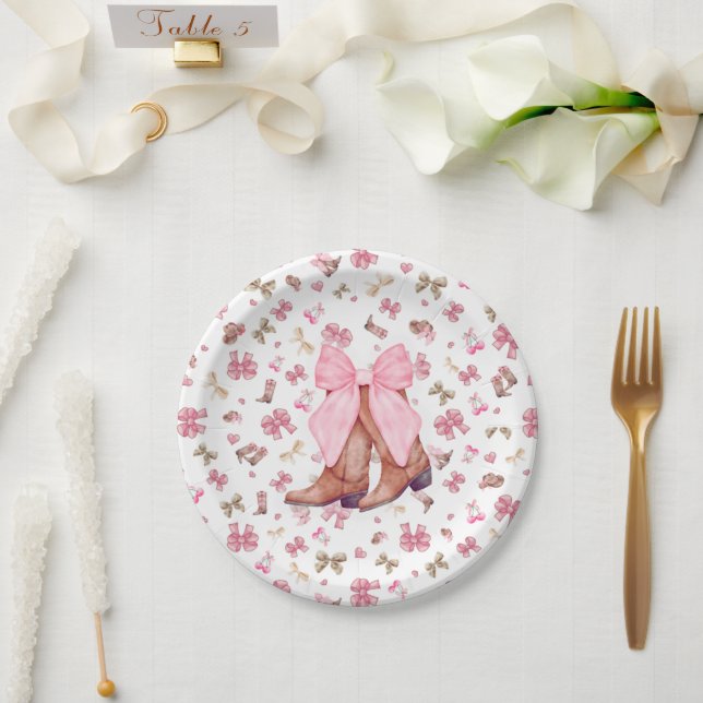 Cute Pink Coquette Cowgirl Boots and Bow Party  Paper Plate (Wedding)