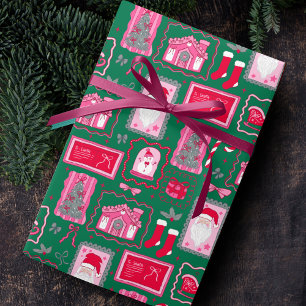Cute Pink Coquette Frames Pattern Christmas green Wrapping Paper