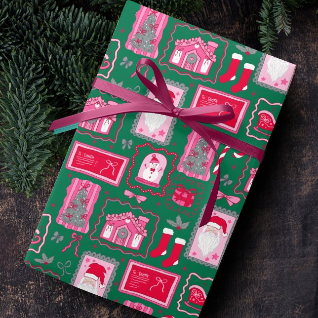 Cute Pink Coquette Frames Pattern Christmas green Wrapping Paper (Creator Uploaded)