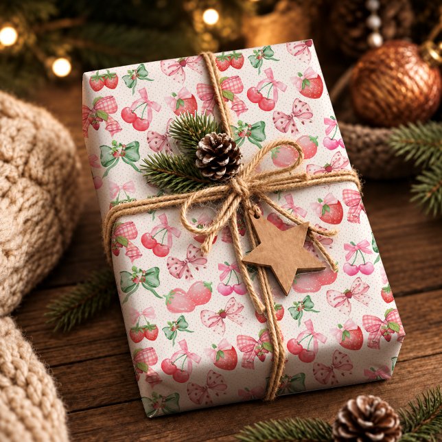 Cute Pink Coquette Strawberry Pattern Wrapping Paper (Creator Uploaded)