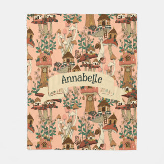 Cute Pink Cottagecore Floral Mushroom House Print Fleece Blanket