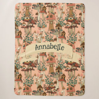 Cute Pink Cottagecore Floral Mushroom House Print Sherpa Blanket
