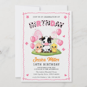 Cute Pink Cow Barnyard Animals Birthday Invitation