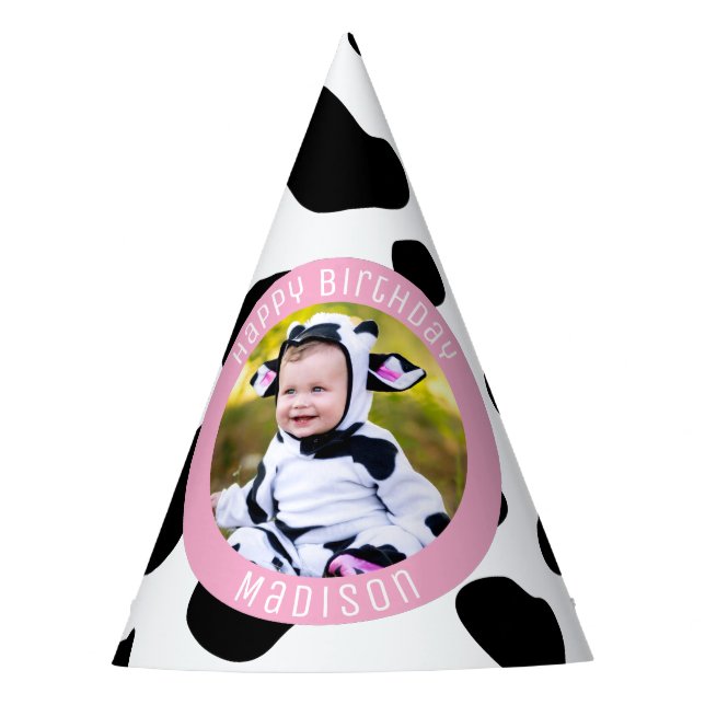 Cute Pink Cow Print Farm Girl Birthday Photo Party Hat (Front)