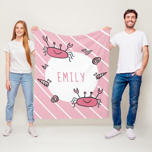 Cute Pink Crab Sea Animal Girl Name Fleece Blanket (In Situ)