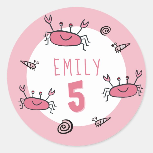 Cute Pink Crab Sea Animals Girl Birthday Classic Round Sticker (Front)