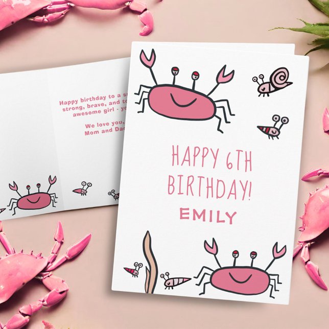 Cute Pink Crab Sea Animals Girl Happy Birthday  Card (Creator Uploaded)