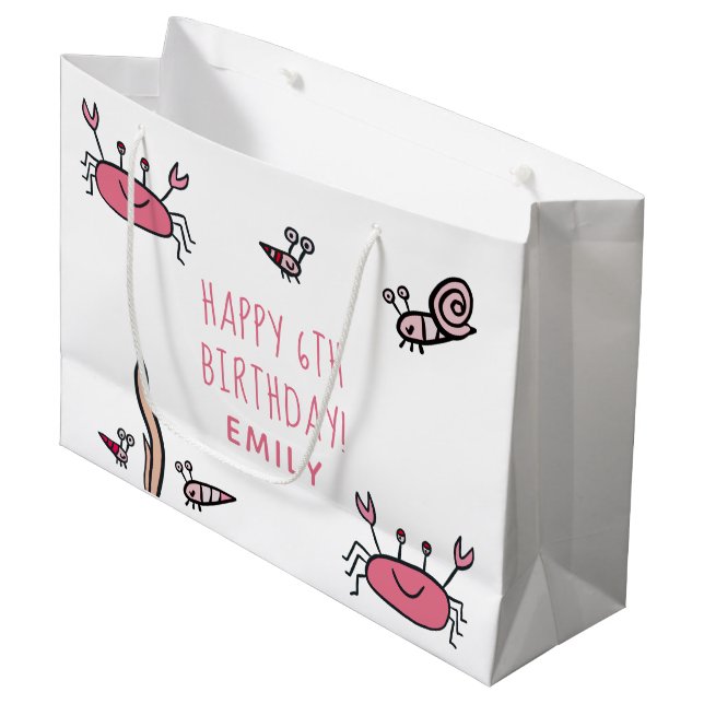 Cute Pink Crab Sea Animals Girl Happy Birthday  Large Gift Bag (Front Angled)