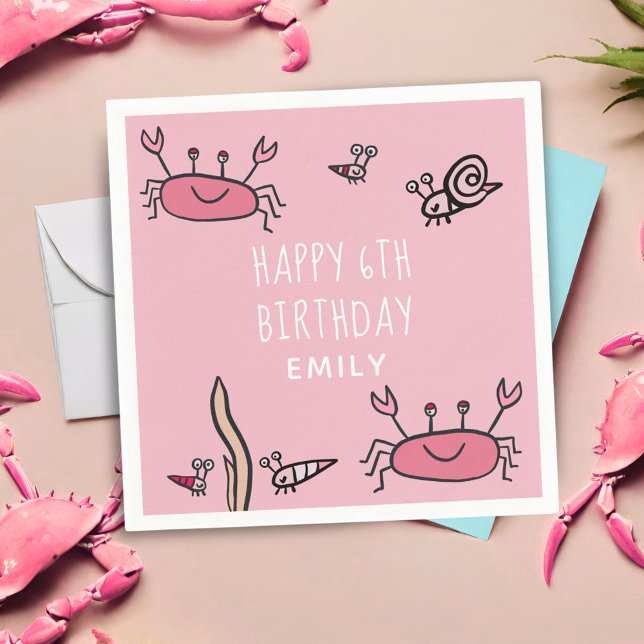 Cute Pink Crab Sea Animals Girl Happy Birthday Napkin (Creator Uploaded)