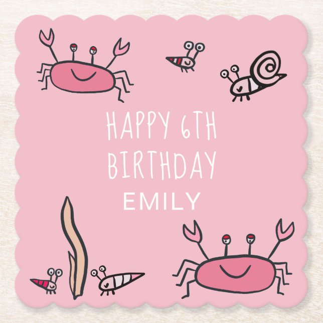 Cute Pink Crab Sea Animals Girl Happy Birthday Paper Coaster (Front)