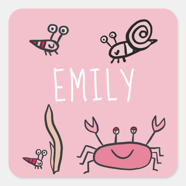 Cute Pink Crab Sea Animals Girl Happy Birthday Square Sticker (Front)