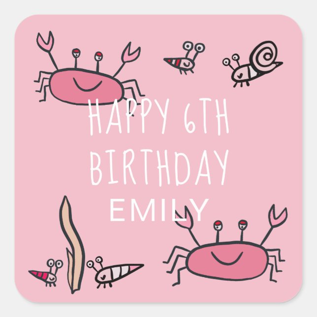 Cute Pink Crab Sea Animals Girl Happy Birthday Square Sticker (Front)