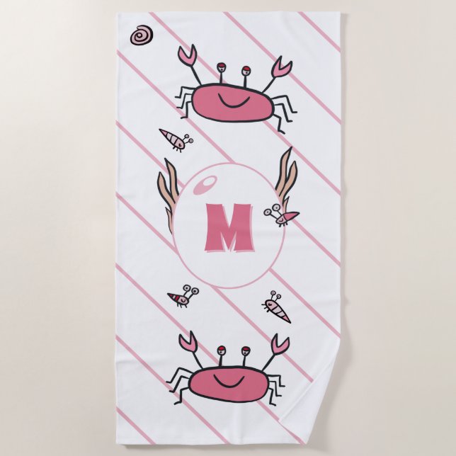 Cute Pink Crab Sea Animals Girl Monogram Beach Towel (Front)