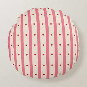 Cute Pink & Cream Stripes Red Hearts Round Cushion