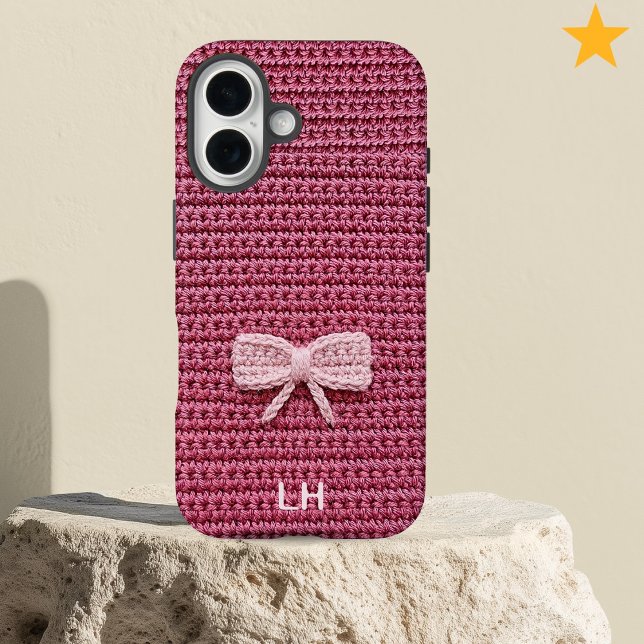 Cute Pink Crochet Bow Yarn Custom Name Case-Mate iPhone Case (Creator Uploaded)