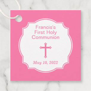 Cute Pink Cross Girl's First Holy Communion Favour Tags