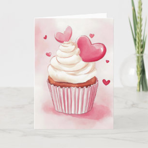 Cute Pink Cupcake and Hearts Holiday Card