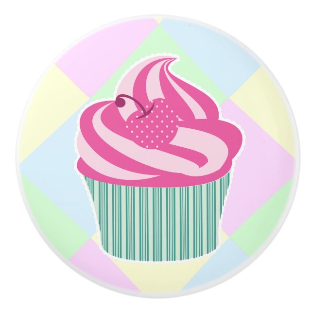 Cute Pink Cupcake Pastel Colours Ceramic Knob (Front)