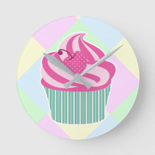 Cute Pink Cupcake Pastel Colours Round Clock