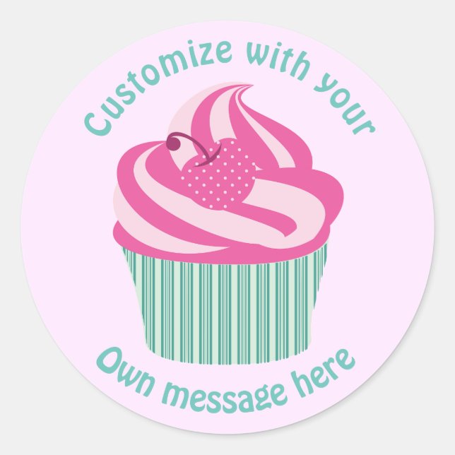 Cute Pink Cupcake Pastel Pink Custom Text Classic Round Sticker (Front)