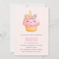 Cute Pink Cupcake Unicorn with Roses Birthday