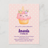 Cute Pink Cupcake Unicorn with Roses Birthday