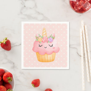 Cute Pink Cupcake Unicorn with Roses Napkin